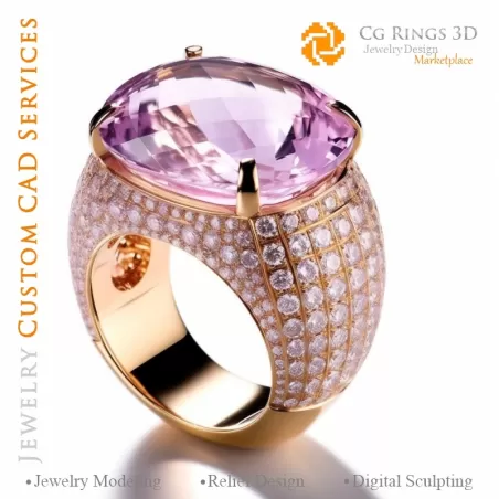 Bague avec kunzites et diamants - CAD 3D Joaillerie Maison, IA - CAD 3D Joaillerie, IA - Bagues CAD 3D, IA - CAD 3D Joaillerie