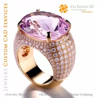Anillo con kunzitas y diamantes - CAD 3D de joyería en casa, IA - Joyería CAD 3D, IA - Anillos CAD 3D, IA - CAD 3D Joyería