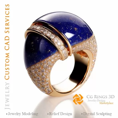 Ring mit Lapislazuli und Diamanten - 3D-CAD-Schmuck Zuhause, KI - Schmuck 3D-CAD, KI - Ringe 3D-CAD, KI - 3D-CAD Schmuck Melodie