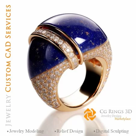 Ring mit Lapislazuli und Diamanten - 3D-CAD-Schmuck Zuhause, KI - Schmuck 3D-CAD, KI - Ringe 3D-CAD, KI - 3D-CAD Schmuck Melodie