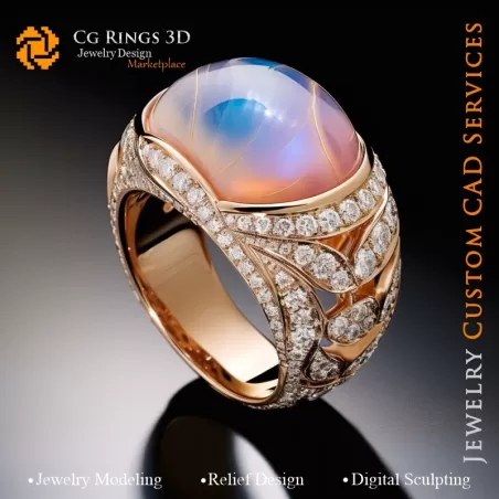 Bague avec pierre de lune et diamants - DAO 3D Joaillerie, IA - DAO 3D Bagues, IA - DAO 3D Joaillerie Mélodie de