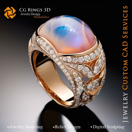 Ring with Moonstone and Diamonds - 3D CAD Jewelry Home, AI - Jewelry 3D CAD , AI - Rings 3D CAD , AI - 3D CAD Jewelry Melody of 