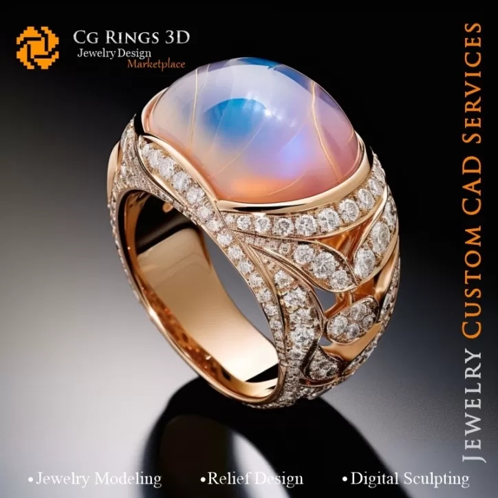 Bague avec pierre de lune et diamants - 3D CAD Bijoux