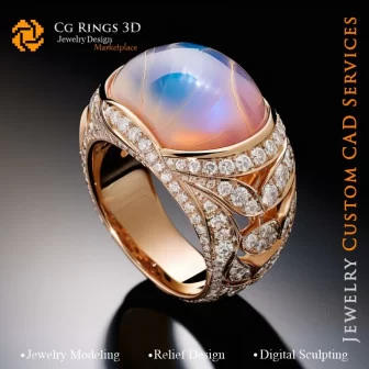 Bague avec Pierre de Lune et Diamants - Bijoux 3D CAO Home, AI - Bijoux 3D CAO, AI - Anneaux 3D CAO , AI - Bijoux 3D CAO Mélodie