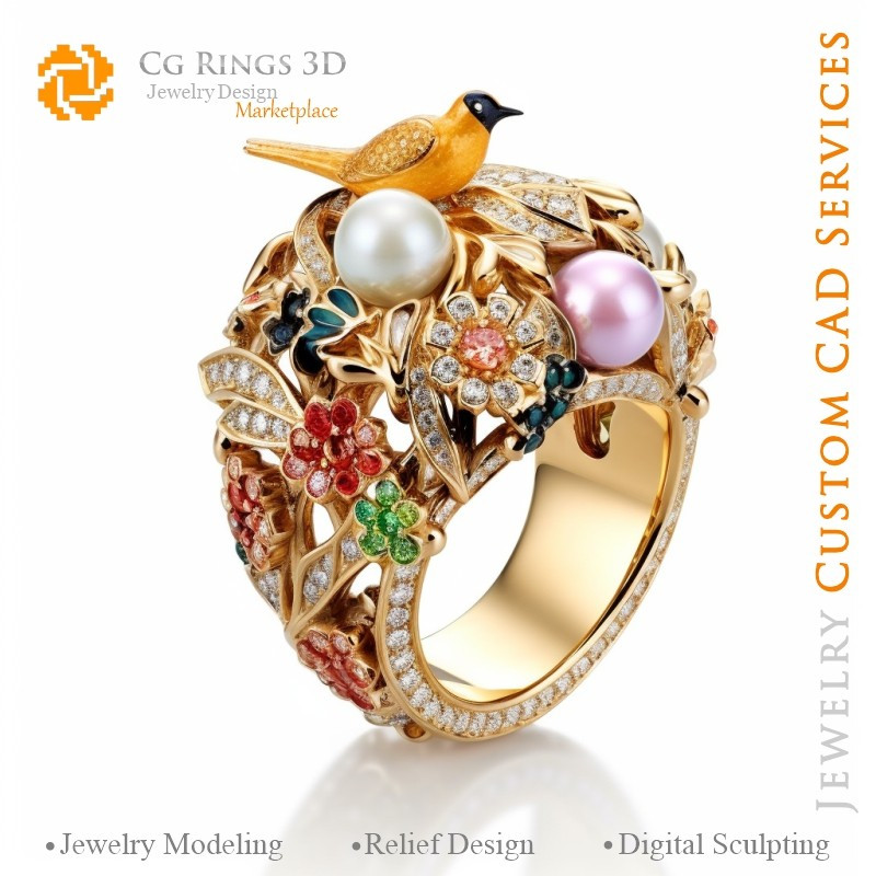 Bague Oiseaux avec et Diamants - Bijoux 3D CAO Home, AI - Bijoux 3D CAO, AI - Anneaux 3D CAO , AI - Bijoux 3D CAO Mélodie des Co