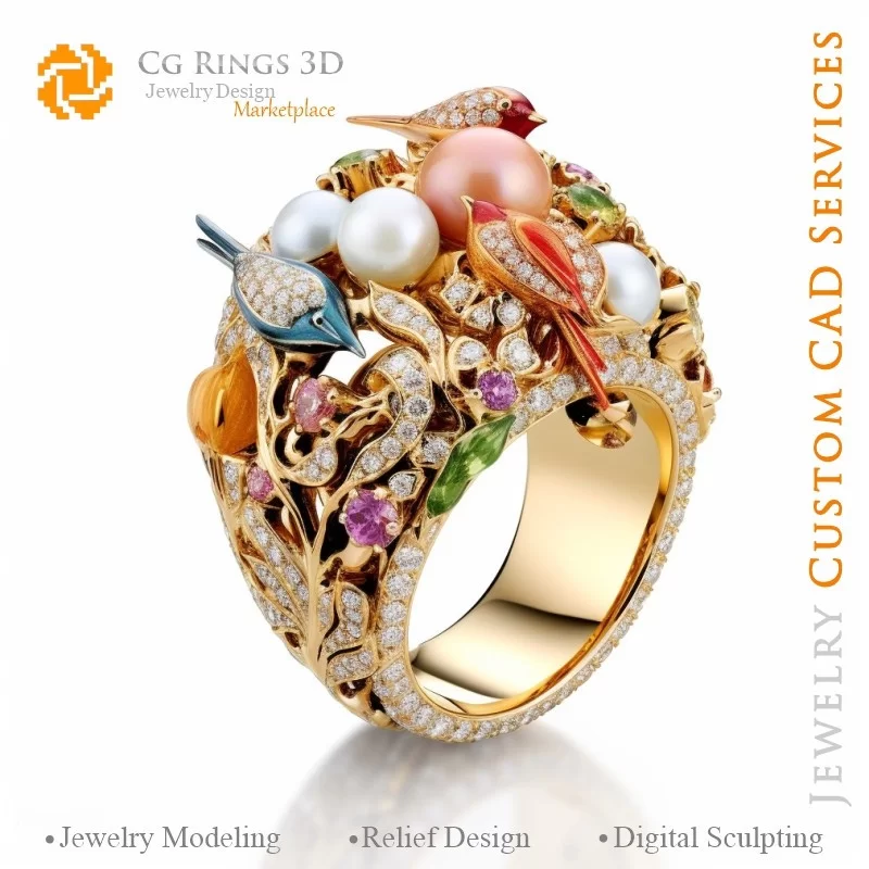 Birds Ring with and Diamonds - 3D CAD Jewelry Home, AI - Jewelry 3D CAD , AI - 3D CAD Jewelry Melody of Colours, AI - 3D CAD Jew