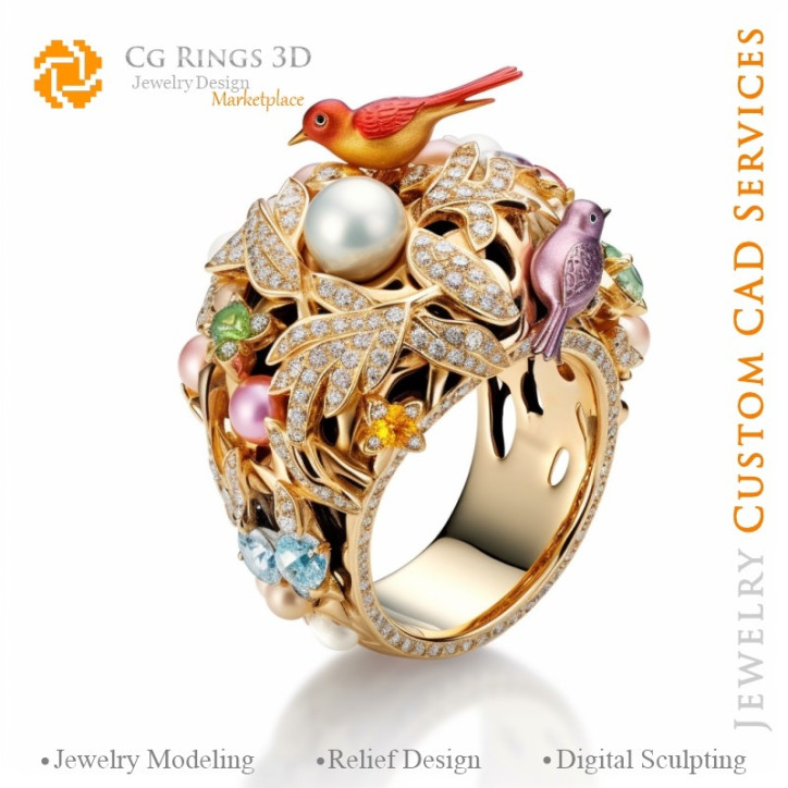 Bague Oiseaux avec et Diamants - Bijoux 3D CAO