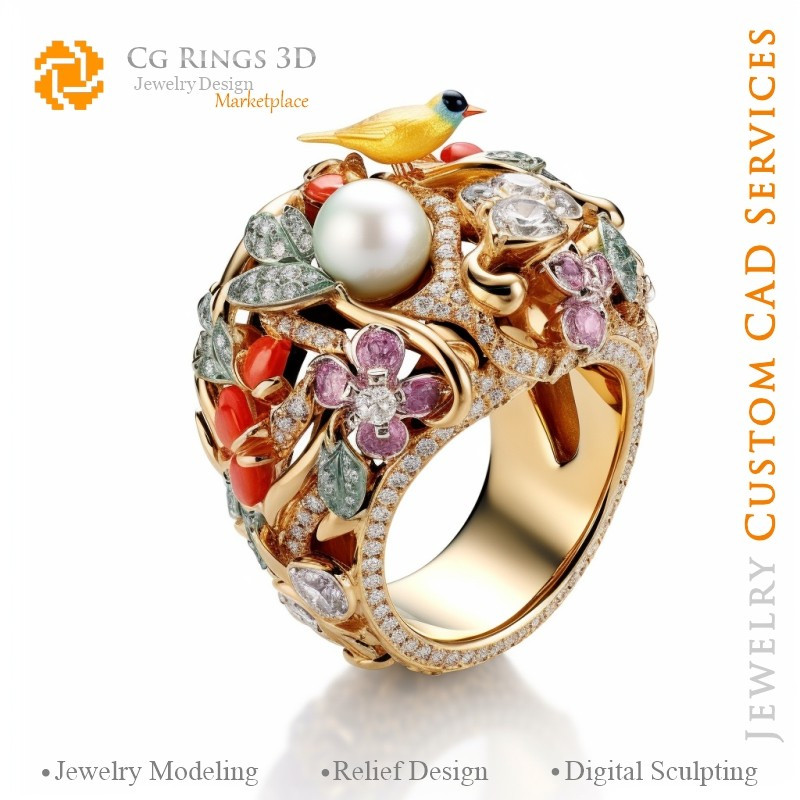 Bague Oiseaux avec et Diamants - Bijoux 3D CAO Home, AI - Bijoux 3D CAO, AI - Anneaux 3D CAO , AI - Bijoux 3D CAO Mélodie des Co