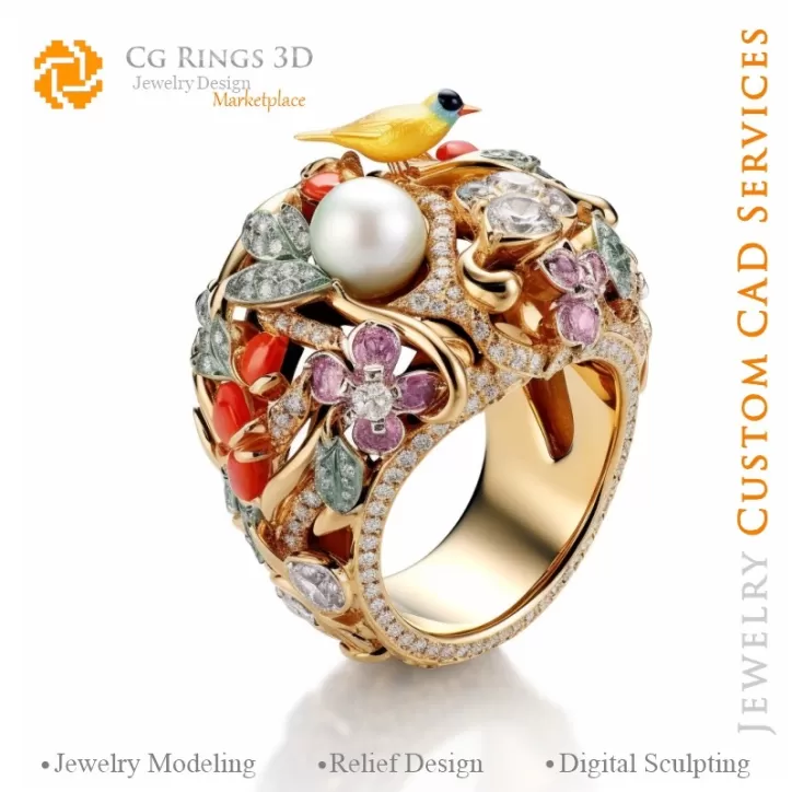Bague Oiseaux avec diamants - CAO bijouterie 3D