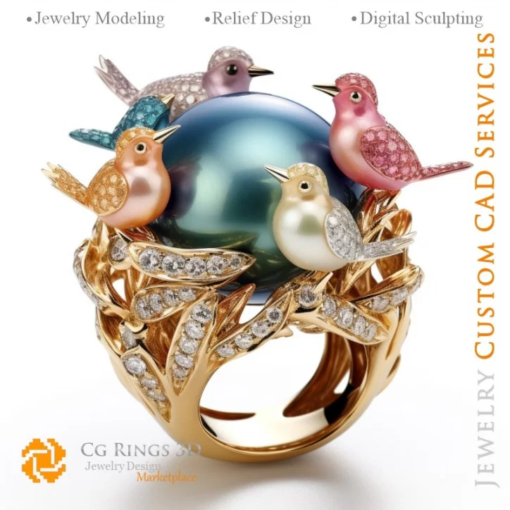 Birds Ring with and Diamonds - 3D CAD Jewelry