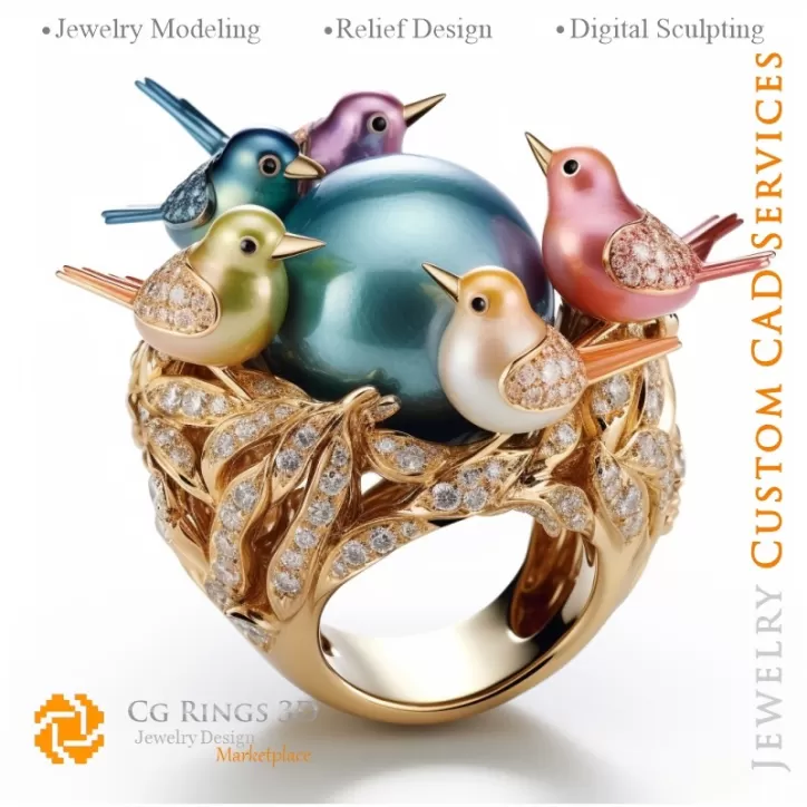 Anello Uccelli con Diamanti - 3D CAD Gioielli Anello Uccelli con Diamanti - 3D CAD Gioielli