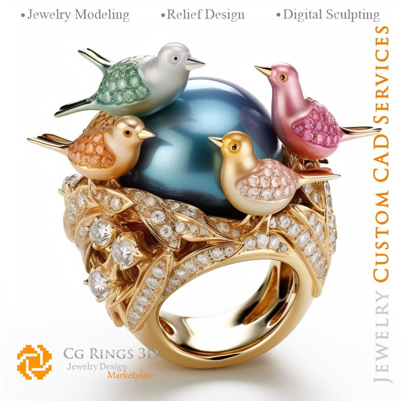 Bague Oiseaux avec et Diamants - Bijoux 3D CAO Home, AI - Bijoux 3D CAO, AI - Bijoux 3D CAO Mélodie des Couleurs, AI - Bijoux 3D