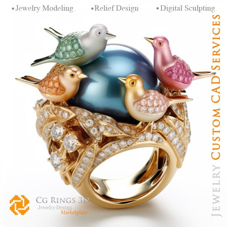 Birds Ring with and Diamonds - 3D CAD Jewelry Home, AI - Jewelry 3D CAD , AI - 3D CAD Jewelry Melody of Colours, AI - 3D CAD Jew
