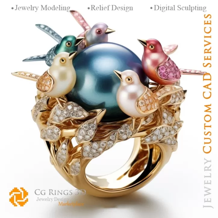 Bague Oiseaux avec diamants - CAO Bijoux 3D
