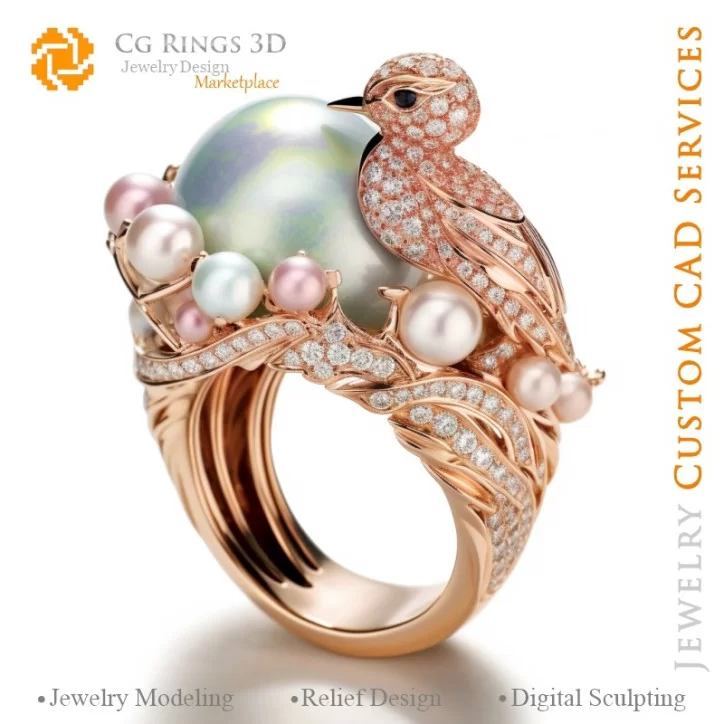 Bague avec Oiseau et Perles - Bijoux CAO 3D