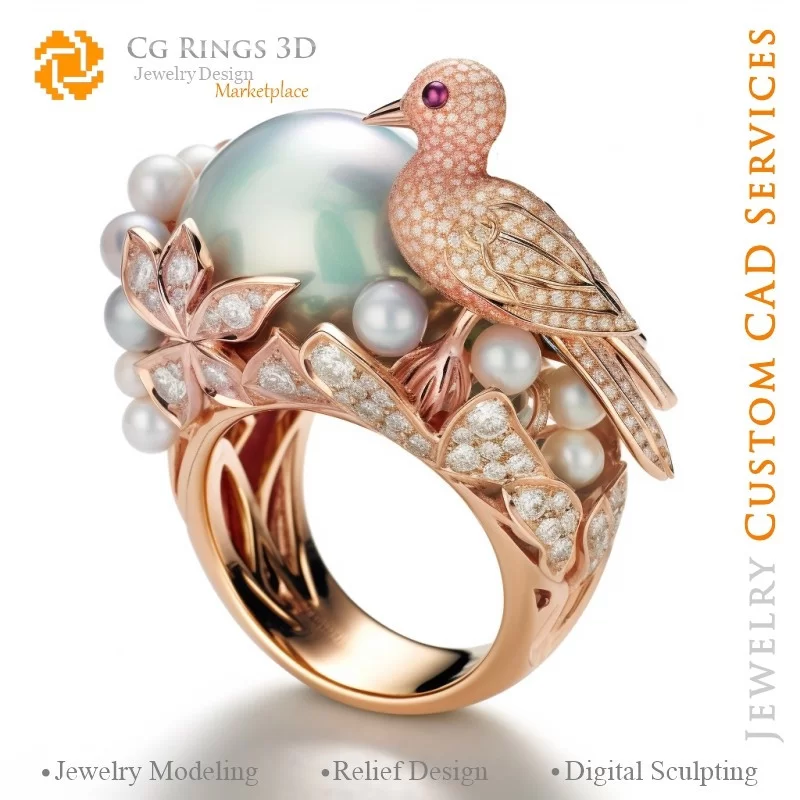 Ring with Bird and Pearls - 3D CAD Jewelry Home, AI - Jewelry 3D CAD , AI - Rings 3D CAD , AI - 3D CAD Jewelry Melody of Colours