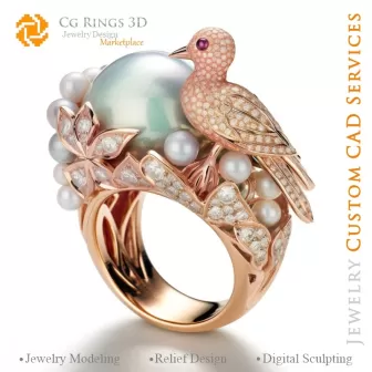 Ring mit Vogel und Perlen - 3D-CAD Schmuck Zuhause, KI - Schmuck 3D-CAD, KI - Ringe 3D-CAD, KI - 3D-CAD Schmuck Melodie der