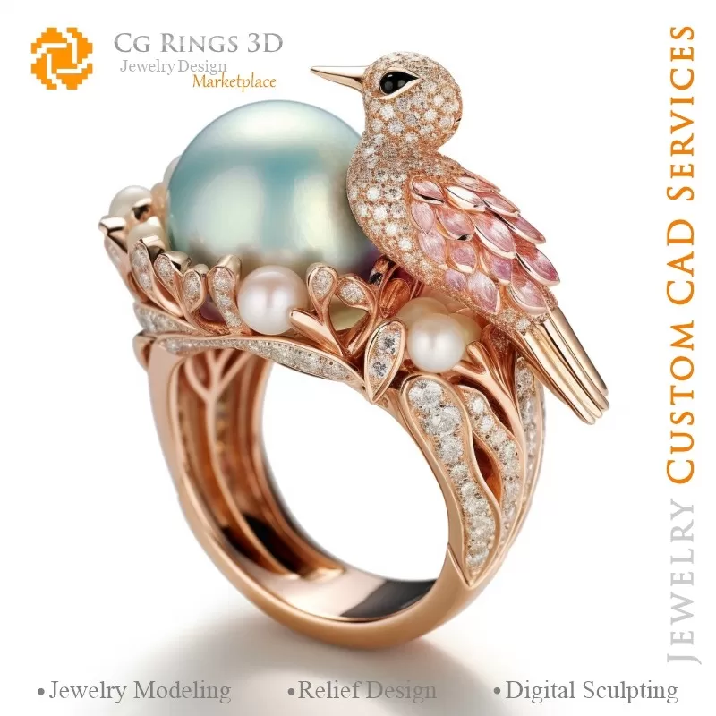 Bague avec oiseau et perles - 3D CAO Bijoux