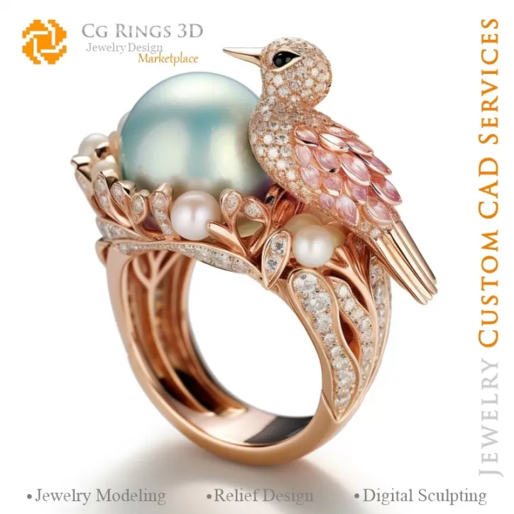 Ring mit Vogel und Perlen - 3D CAD Schmuck