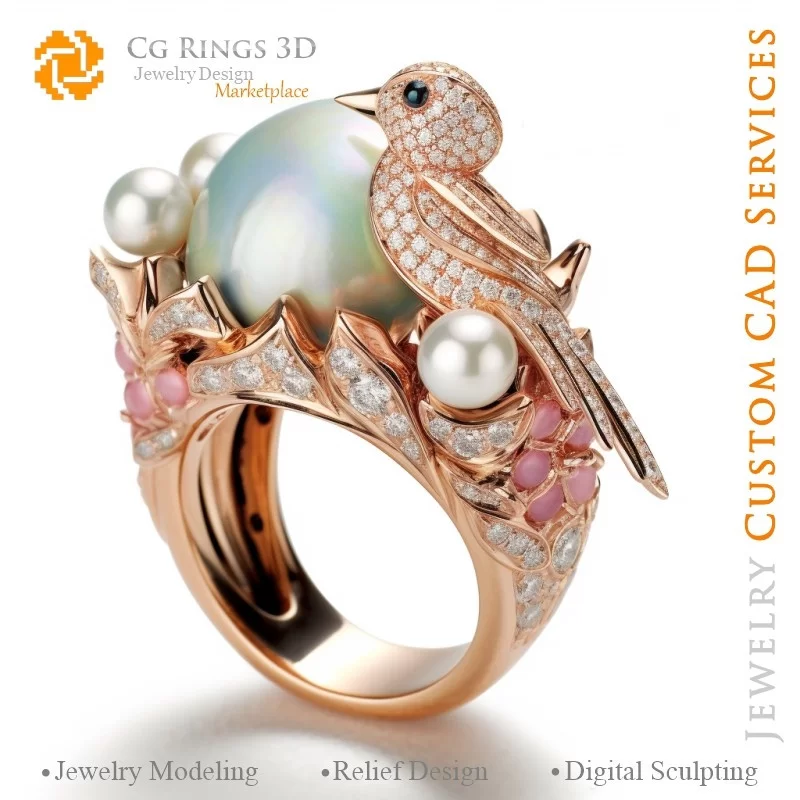 Ring with Bird and Pearls - 3D CAD Jewelry Home, AI - Jewelry 3D CAD , AI - Rings 3D CAD , AI - 3D CAD Jewelry Melody of Colours