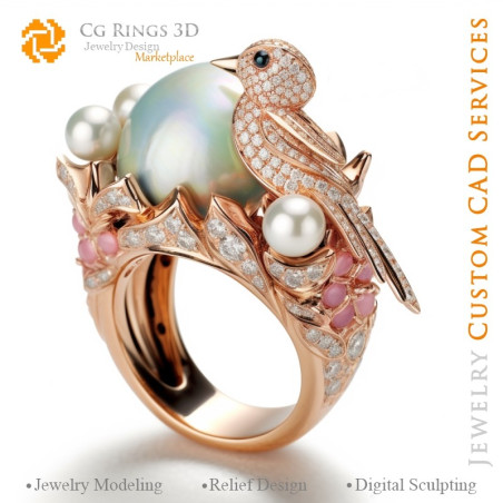 Bague avec Oiseau et Perles - Bijoux CAO 3D Home, AI - Bijoux 3D CAO, AI - Anneaux 3D CAO , AI - Bijoux 3D CAO Mélodie des Coule