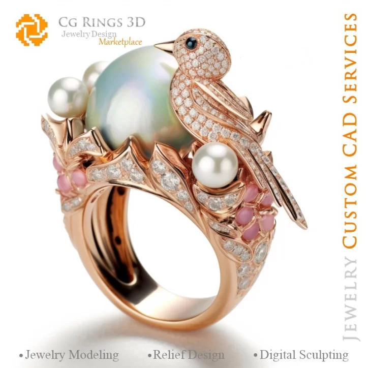 Bague avec Oiseau et Perles - Bijoux CAO 3D