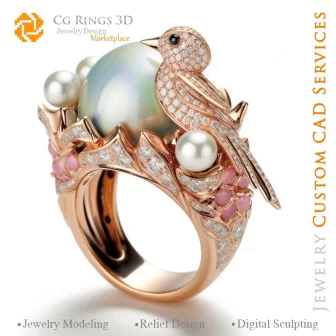 Ring mit Vogel und Perlen - 3D-CAD-Schmuck Zuhause, KI - Schmuck 3D-CAD, KI - Ringe 3D-CAD, KI - 3D-CAD-Schmuck Melodie der