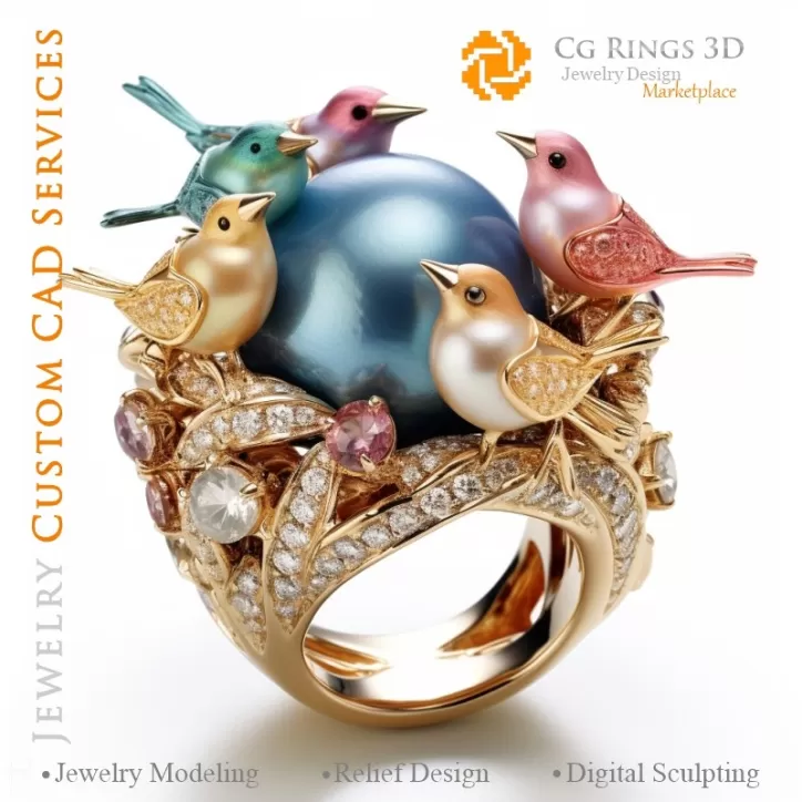 Anillo de pájaros con diamantes - CAD 3D de joyería