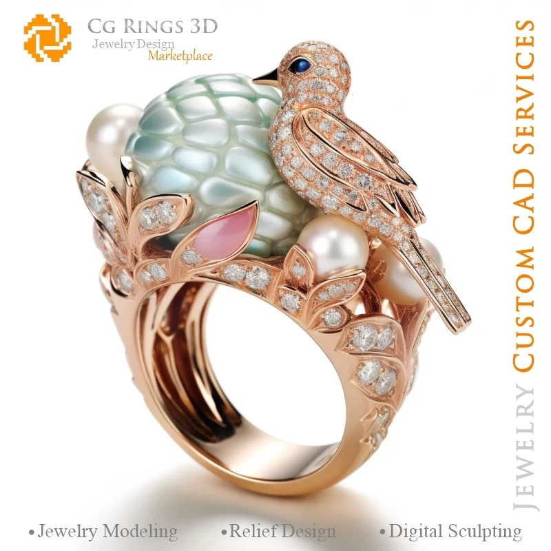 Ring with Bird and Pearls - 3D CAD Jewelry Home, AI - Jewelry 3D CAD , AI - Rings 3D CAD , AI - 3D CAD Jewelry Melody of Colours