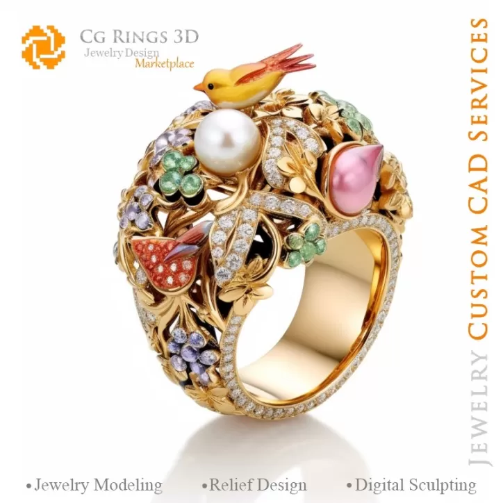 Bague Oiseaux avec diamants - CAO bijouterie 3D