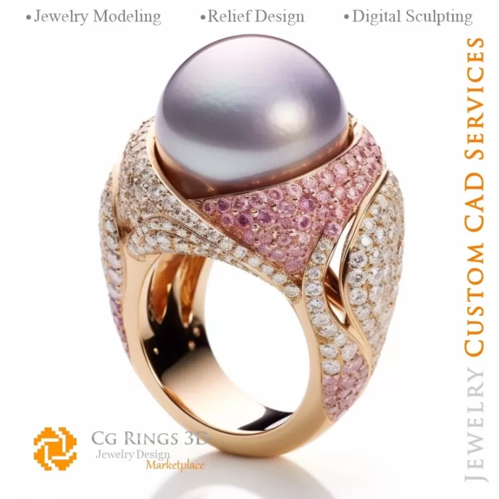 Anillo con Perla y Diamantes - 3D CAD Joyería