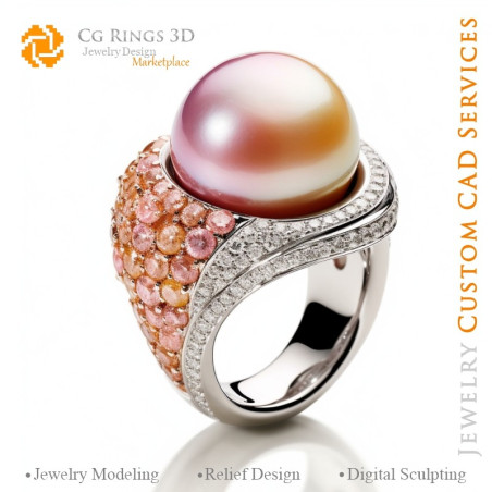 Ring with Pearl and Diamonds - 3D CAD Jewelry