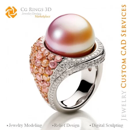 Ring with Pearl and Diamonds - 3D CAD Jewelry Home, AI - Jewelry 3D CAD , AI - Rings 3D CAD , AI - 3D CAD Jewelry Melody of Colo