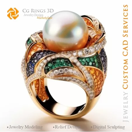 Bague avec Perle et Diamants - CAO 3D Joaillerie Maison, IA - Joaillerie CAO 3D, IA - Bagues CAO 3D, IA - CAO 3D Joaillerie