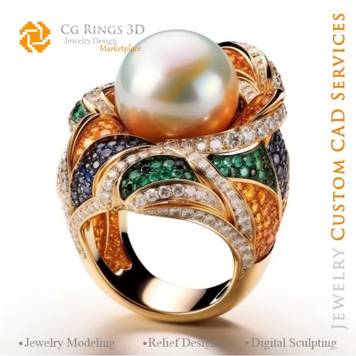 Ring mit Perle und Diamanten - 3D CAD Schmuck Ring mit Perle und Diamanten - 3D CAD Schmuck