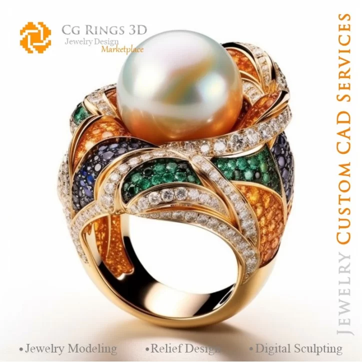 Ring with Pearl and Diamonds - 3D CAD Jewelry