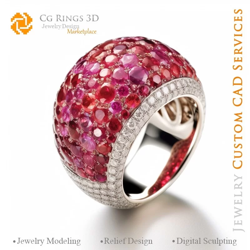 Bague avec Rubis et Diamants - Bijoux 3D CAO Home, AI - Bijoux 3D CAO, AI - Anneaux 3D CAO , AI - Bijoux 3D CAO Mélodie des Coul