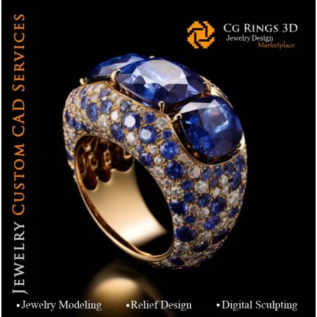 Bague avec Saphirs et Diamants - Bijoux 3D CAO Home, AI - Bijoux 3D CAO, AI - Anneaux 3D CAO , AI - Bijoux 3D CAO Mélodie des Co