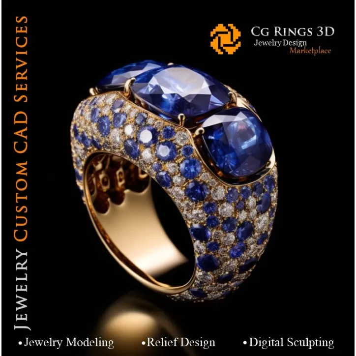 Inel cu Safire și Diamante - Bijuterii CAD 3D Inel cu Safire și Diamante - Bijuterii CAD 3D