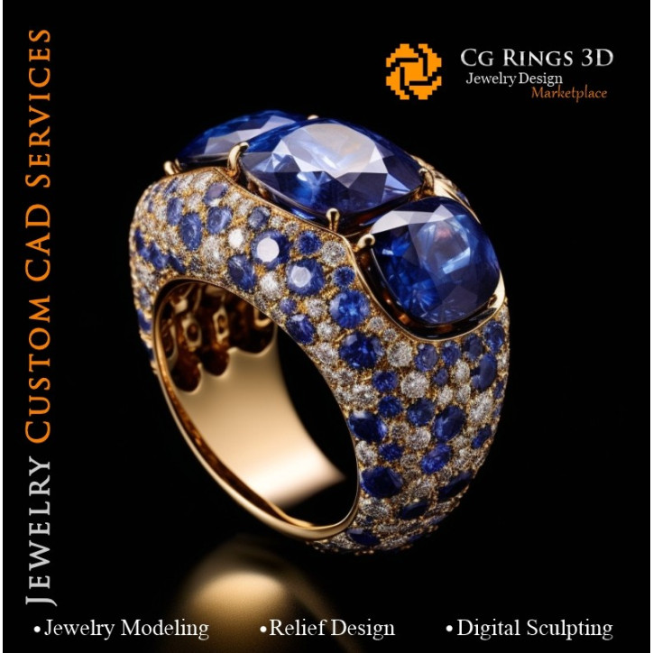 Ring with Sapphires and Diamonds - 3D CAD Jewelry