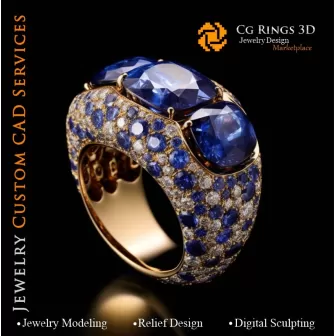 Anillo con zafiros y diamantes - CAD 3D para joyería, IA - CAD 3D de anillos, IA - CAD 3D joyería Melodía de