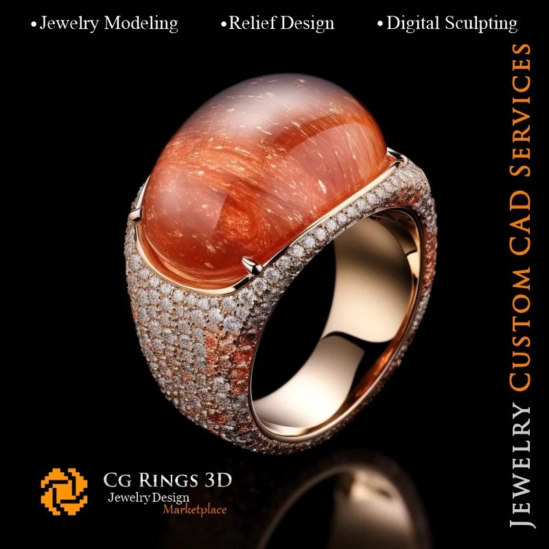 Bague avec Pierre de Soleil et Diamants - Bijoux 3D CAO Home, AI - Bijoux 3D CAO, AI - Anneaux 3D CAO , AI - Bijoux 3D CAO Mélod