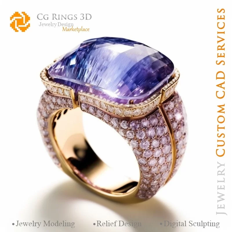 Bague avec Tanzanite - Bijoux 3D CAO Home, AI - Bijoux 3D CAO, AI - Anneaux 3D CAO , AI - Bijoux 3D CAO Mélodie des Couleurs, AI