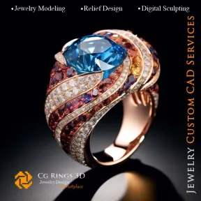 Ring with Zircon and Diamonds - 3D CAD Jewelry Home, AI - Jewelry 3D CAD , AI - Rings 3D CAD , AI - 3D CAD Jewelry Melody of Col