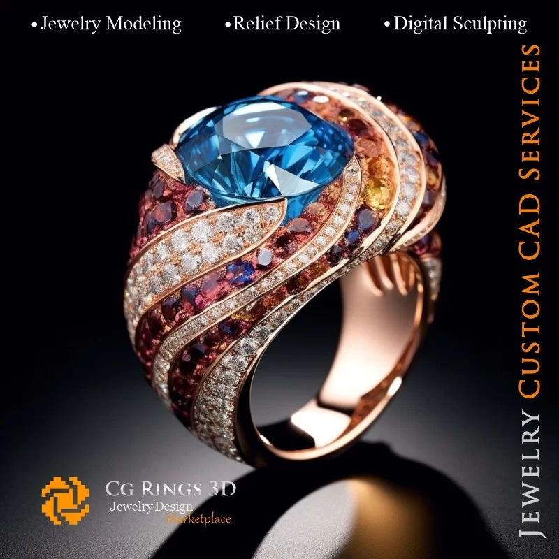 Ring with Zircon and Diamonds - 3D CAD Jewelry Home, AI - Jewelry 3D CAD , AI - Rings 3D CAD , AI - 3D CAD Jewelry Melody of Col