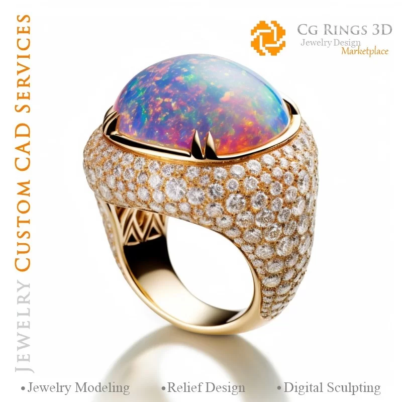 Ring with Opal and Diamonds - 3D CAD Jewelry Home, AI - Jewelry 3D CAD , AI - Rings 3D CAD , AI - 3D CAD Jewelry Melody of Colou