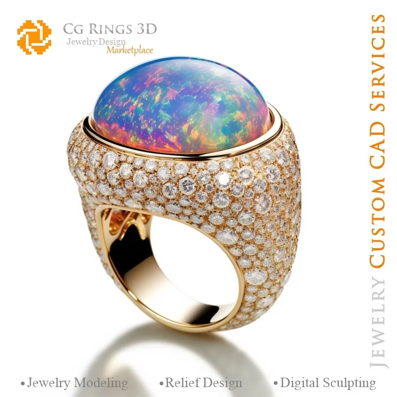 Ring with Opal and Diamonds - 3D CAD Jewelry Home, AI - Jewelry 3D CAD , AI - Rings 3D CAD , AI - 3D CAD Jewelry Melody of Colou