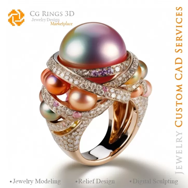 Anillo con Perlas y Diamantes - 3D CAD Joyería