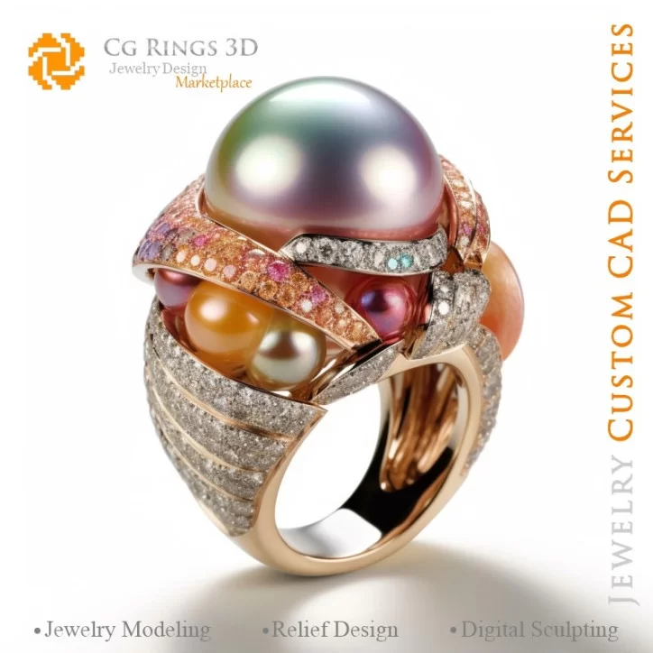 Ring with Pearls and Diamonds - 3D CAD Jewelry