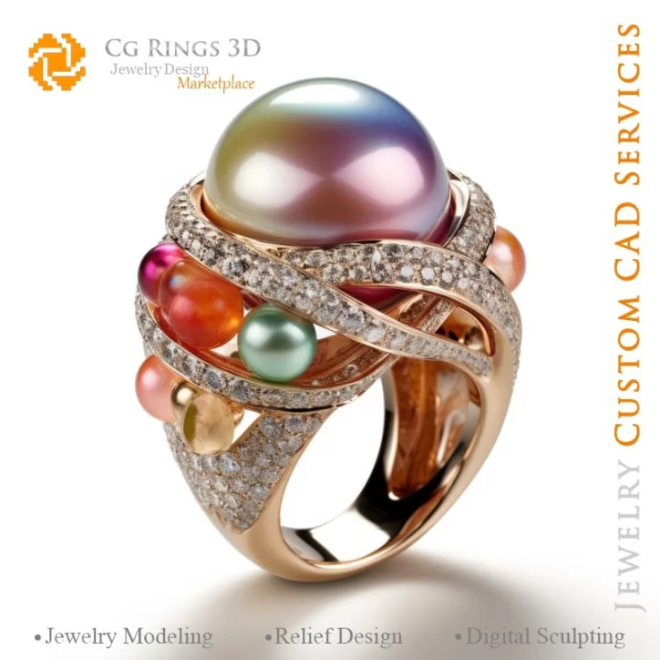 Ring with Pearls and Diamonds - 3D CAD Jewelry